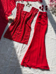 Gorgeous Red Georgette Sequence Work Palazzo Suit