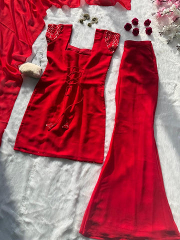 Gorgeous Red Georgette Sequence Work Palazzo Suit
