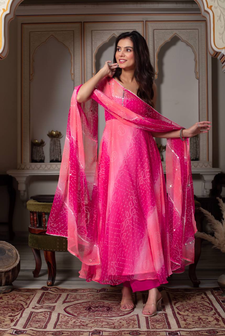 Exclusive Pink Foux Gorgette with Mirror Handwork Anarkali Suit
