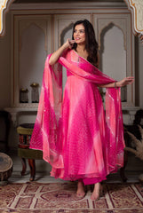 Exclusive Pink Foux Gorgette with Mirror Handwork Anarkali Suit