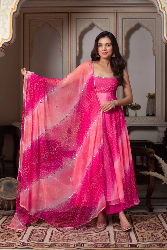 Exclusive Pink Foux Gorgette with Mirror Handwork Anarkali Suit