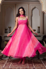 Exclusive Pink Foux Gorgette with Mirror Handwork Anarkali Suit