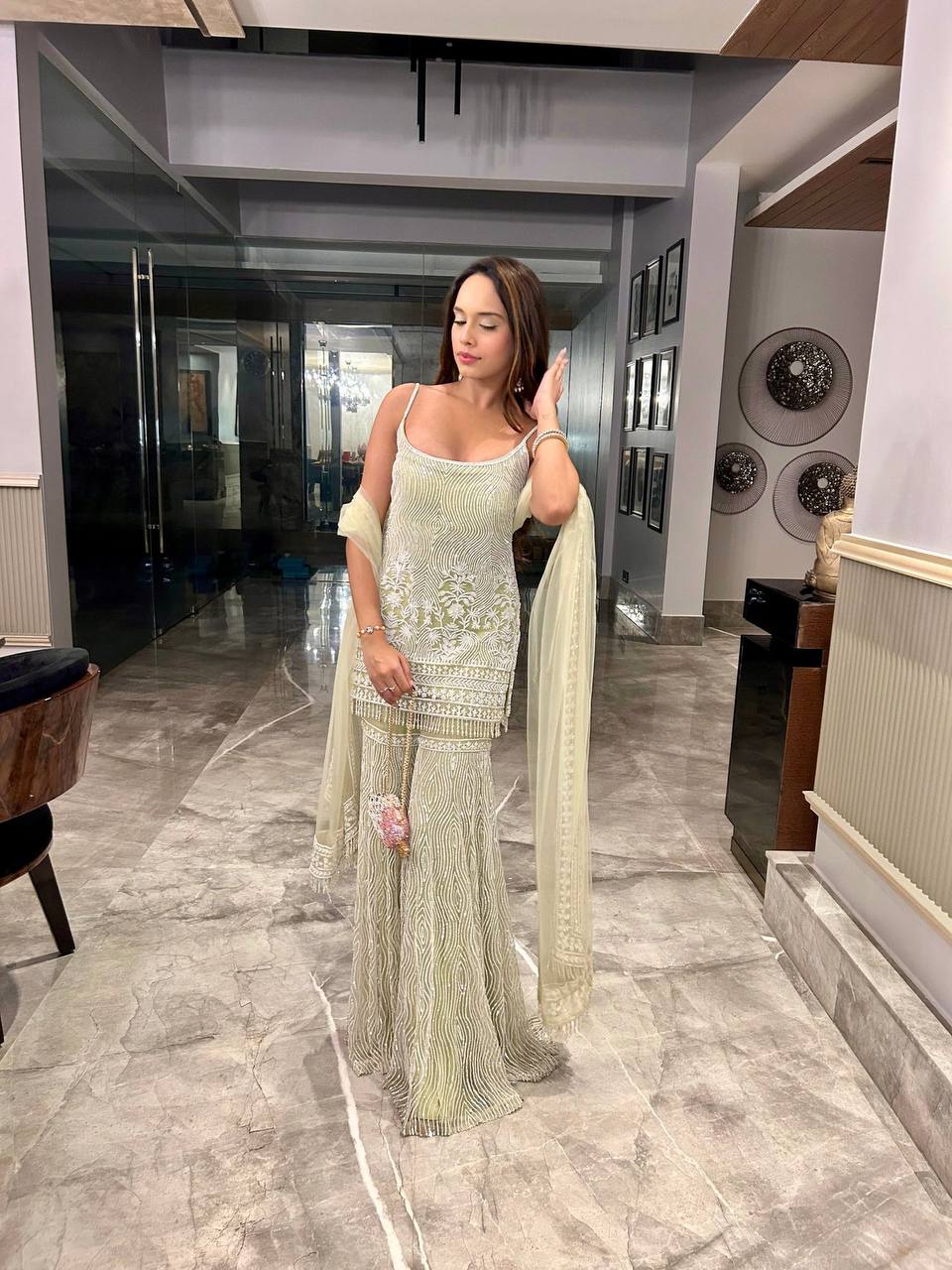 Exclusive Soft Net Heavy Chine Sequence Plazzo Suit