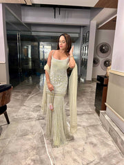 Exclusive Soft Net Heavy Chine Sequence Plazzo Suit