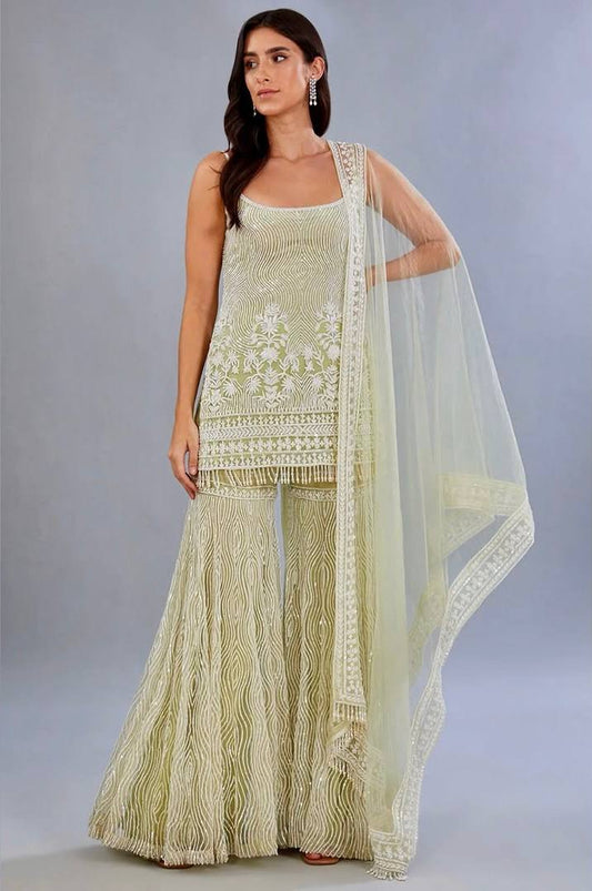 Exclusive Soft Net Heavy Chine Sequence Plazzo Suit