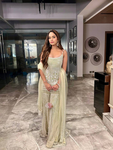 Exclusive Soft Net Heavy Chine Sequence Plazzo Suit