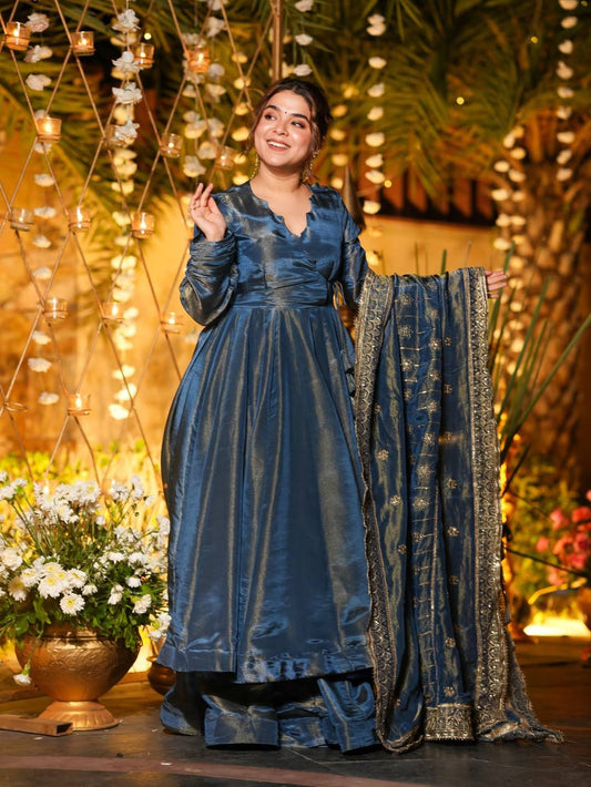 Stunning Blue Heavy Vichitra Silk Anarkali Suit