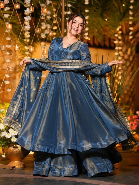 Stunning Blue Heavy Vichitra Silk Anarkali Suit