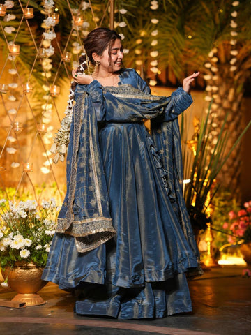 Stunning Blue Heavy Vichitra Silk Anarkali Suit