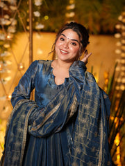 Stunning Blue Heavy Vichitra Silk Anarkali Suit