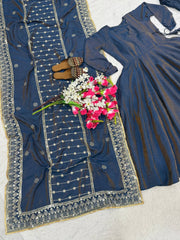 Stunning Blue Heavy Vichitra Silk Anarkali Suit