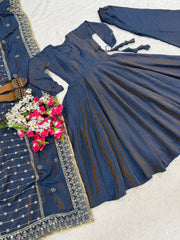 Stunning Blue Heavy Vichitra Silk Anarkali Suit