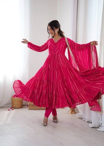Lovely Pink Mal Chanderi with Mirror Work Ruffle Gown