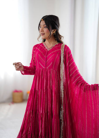 Lovely Pink Mal Chanderi with Mirror Work Ruffle Gown