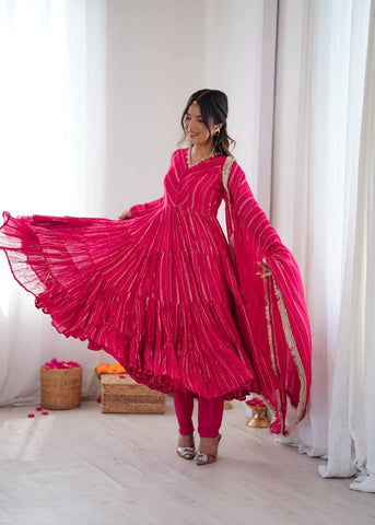 Lovely Pink Mal Chanderi with Mirror Work Ruffle Gown