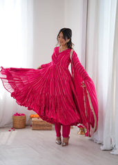 Lovely Pink Mal Chanderi with Mirror Work Ruffle Gown