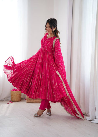 Lovely Pink Mal Chanderi with Mirror Work Ruffle Gown