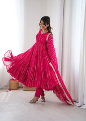 Lovely Pink Mal Chanderi with Mirror Work Ruffle Gown