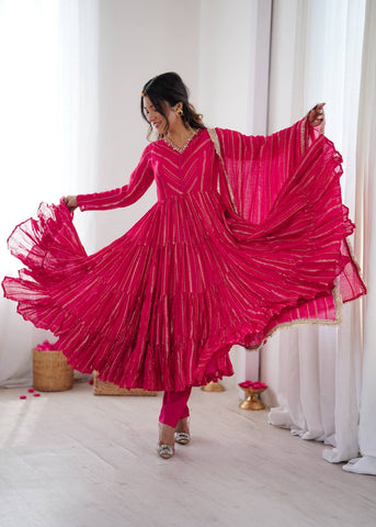 Lovely Pink Mal Chanderi with Mirror Work Ruffle Gown