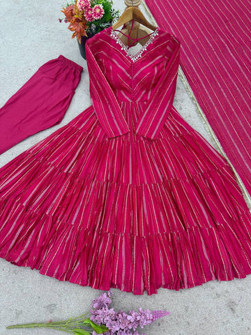 Lovely Pink Mal Chanderi with Mirror Work Ruffle Gown