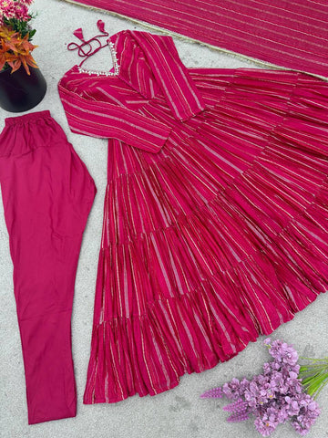 Lovely Pink Mal Chanderi with Mirror Work Ruffle Gown