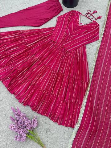 Lovely Pink Mal Chanderi with Mirror Work Ruffle Gown