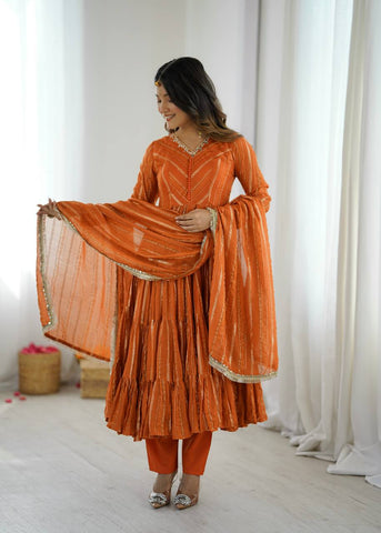 Lovely Pink Mal Chanderi with Mirror Work Ruffle Gown