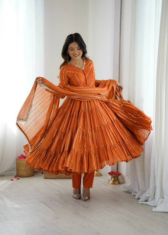 Lovely Pink Mal Chanderi with Mirror Work Ruffle Gown