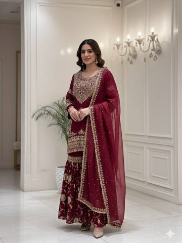 Exclusive Maroon Georgette Embroidery Sequence Work Sharara Suit