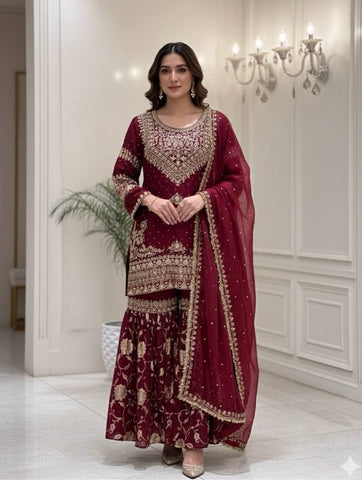Exclusive Maroon Georgette Embroidery Sequence Work Sharara Suit