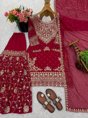 Exclusive Maroon Georgette Embroidery Sequence Work Sharara Suit