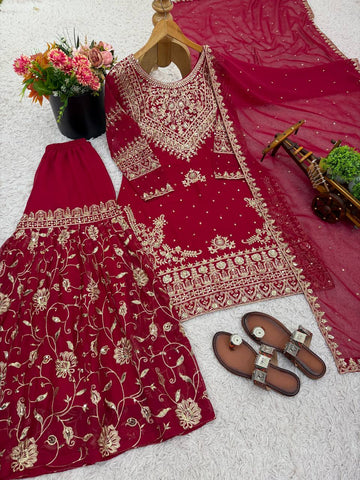 Exclusive Maroon Georgette Embroidery Sequence Work Sharara Suit