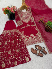 Exclusive Maroon Georgette Embroidery Sequence Work Sharara Suit