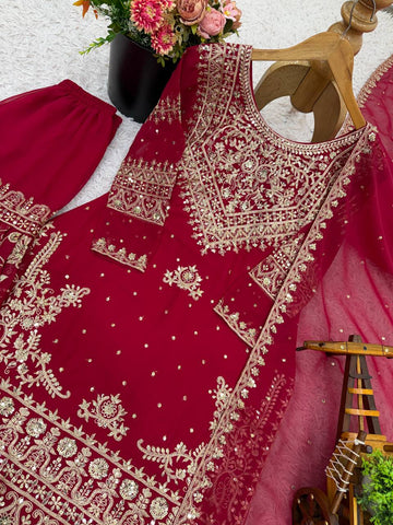 Exclusive Maroon Georgette Embroidery Sequence Work Sharara Suit