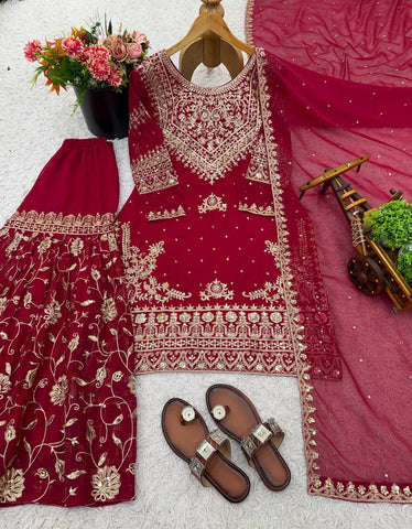 Exclusive Maroon Georgette Embroidery Sequence Work Sharara Suit