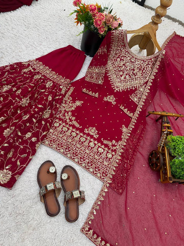 Exclusive Maroon Georgette Embroidery Sequence Work Sharara Suit