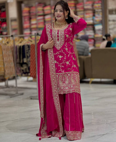 Captivating Pink Chinon Silk with Embroidery Work Sharara Suit