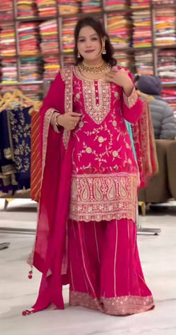 Captivating Pink Chinon Silk with Embroidery Work Sharara Suit