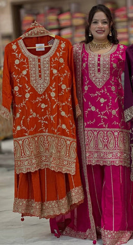 Captivating Pink Chinon Silk with Embroidery Work Sharara Suit