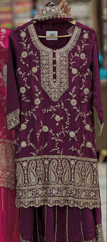 Captivating Pink Chinon Silk with Embroidery Work Sharara Suit
