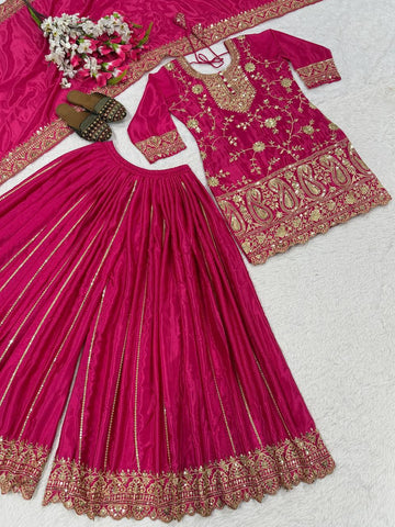 Captivating Pink Chinon Silk with Embroidery Work Sharara Suit