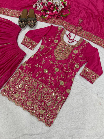 Captivating Pink Chinon Silk with Embroidery Work Sharara Suit