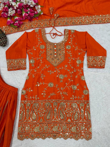 Captivating Pink Chinon Silk with Embroidery Work Sharara Suit