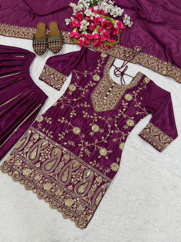 Captivating Pink Chinon Silk with Embroidery Work Sharara Suit