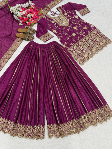 Captivating Pink Chinon Silk with Embroidery Work Sharara Suit