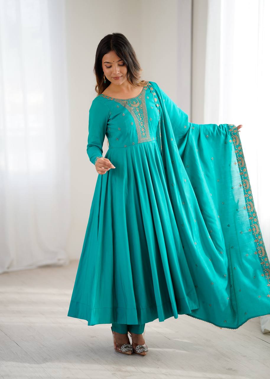 Exotic Teal Roman Chanderi Silk Anarkali Suit