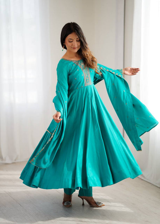 Exotic Teal Roman Chanderi Silk Anarkali Suit