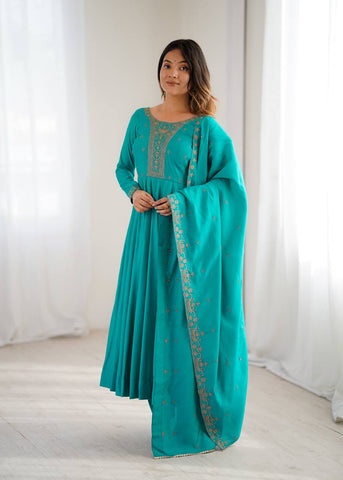 Exotic Teal Roman Chanderi Silk Anarkali Suit