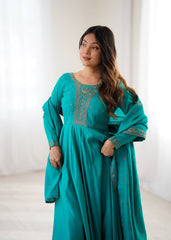 Exotic Teal Roman Chanderi Silk Anarkali Suit