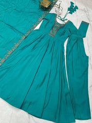 Exotic Teal Roman Chanderi Silk Anarkali Suit